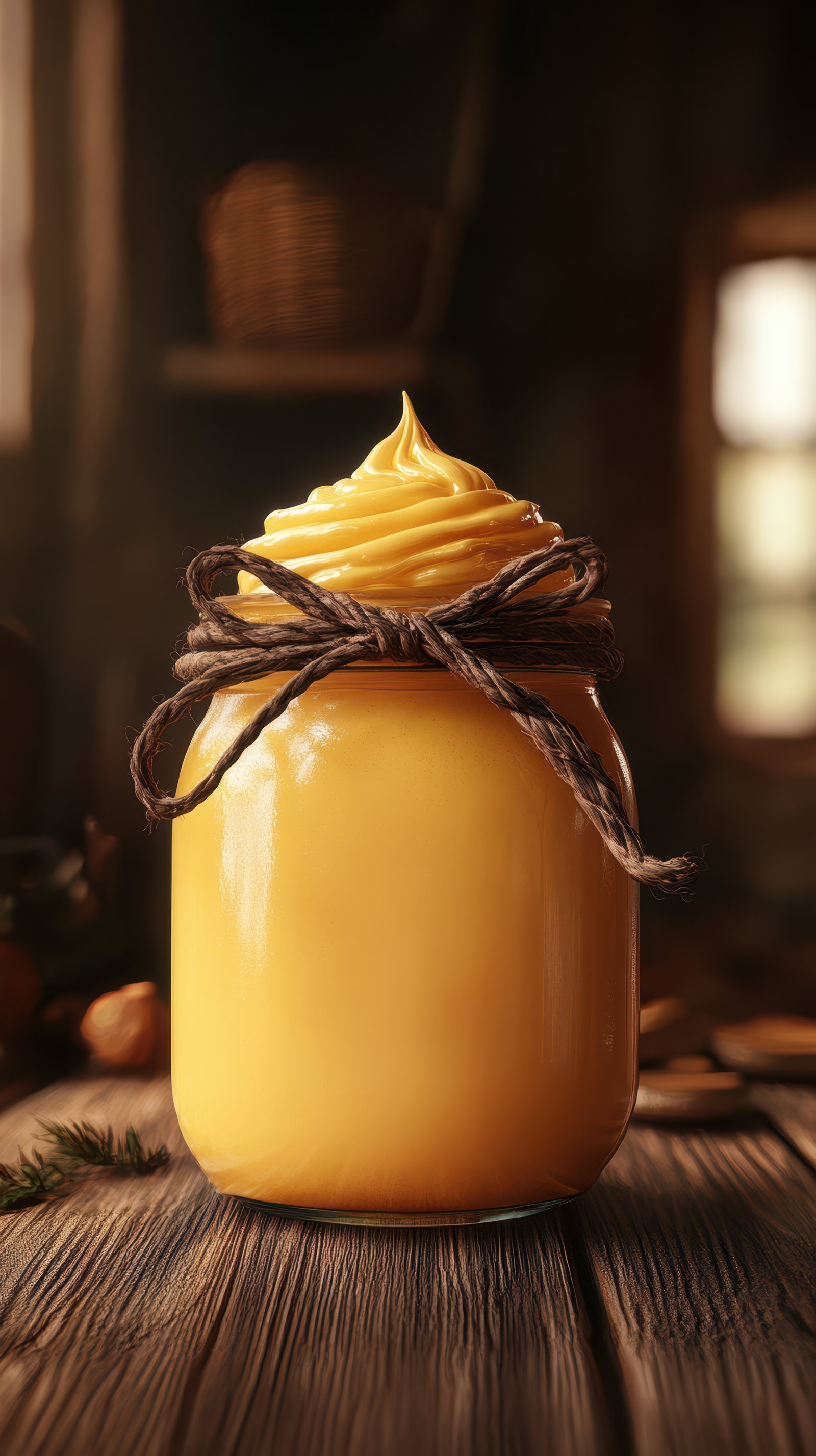 A glass jar filled with yellow cream, tied with twine, sits on a wooden table